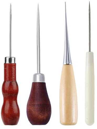 KEMUZ 4 Pcs Locher ahle werkzeug,Vorstecher mit Holzgriff, DIY Lederhandwerk Nähen Ahle Loch Ahle Gebogene Ahle Nähen Werkzeug Holzgriff Zum Nähen Oder Reparieren Von Canvas Papier Leder Stoff