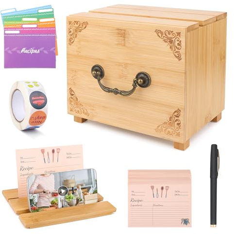 Coitak Wooden Recipe Box With 50 Double Sided 4x6 Recipe Cards, 6 Dividers, 1 Roll Stickers, 1 Pen Removable Recipe Card Holder Organizer