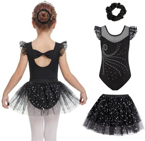 JiAmy Leotardo de ballet para niñas, manga con volantes, traje de ballet con falda, disfraz de baile brillante, vestido de bailarina para 3-10 años, Negro, 7-8 años