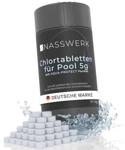 NASSWERK Mini Chlortabletten für Planschbecken 5g (1kg) | Chlortabs 5g schnelllöslich für Whirlpool & Pool | Reinigungstabletten zur Schockchlorung, Stoßchlorung & Dauerdosierung | Chlor Tabs klein