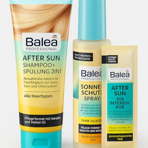 Balea PROFESSIONAL After Sun (3-teilig) - Shampoo + Spülung After Sun 2in1 (250 ml) + Sonnenschutz Spray After Sun (150 ml) + Haarkur, After Sun SOS Intensiv Kur (20 ml) + PurLife Sticker