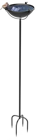 EFUTURETIME Bain Oiseaux sur Pied en Métal φ 26 × 134 cm Abreuvoir Oiseaux Exterieur avec 3 Statuette d'oiseaux Mangeoire Plateau Réglable en Hauteur pour Jardin Balcon, Noir