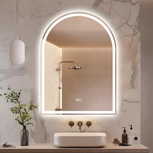 moderntop Espejo de baño LED arqueado con iluminación, Sensor táctil, Ajustable, antivaho, Modo de Tres Colores, diseño Moderno sin Marco, 60 x 80 cm