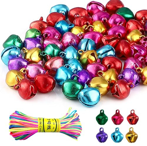 100 Pcs Cascabeles Pequeños, 14mm Campanillas Pequeñas para Manualidades, Campanillas Coloridas de Metal, Cascabeles Colores para Navideñas Joyas de Bricolaje Decoraciones + Cuerda Colorida de 20 m