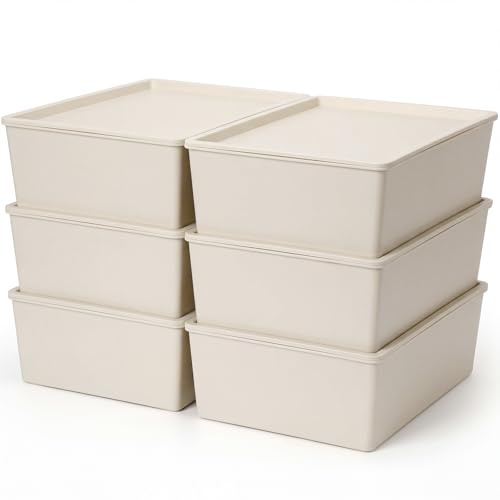 Menkxi 6 contenedores de almacenamiento de plástico con tapas, apilables, cestas duraderas para organizar estantes, sala de juegos, aula, oficina (grande, blanco)