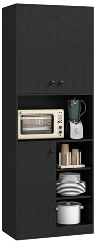 COSTWAY Credenza Alta per Cucina con 4 Ripiani Aperti, Mobile Cucina Dispensa con 2 Armadietti e 3 Ante, Armadio Cucina Porta Microonde, per Sala Pranzo, Soggiorno, 60 x 33 x 166 cm (Nero)