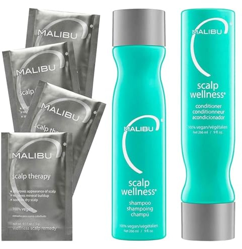 Malibu C Scalp Wellness Collection - Soothing Shampoo and Conditioner Hair Care Set for Dry Scalp - Formulated with Vitamin C Antioxidant Complex - Travel Size Scalp Remedy Packets Included (33.8 oz)