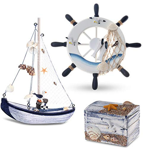 Flanacom Maritime Badezimmer Deko 3er Set - Steuer-Rad, Segel-Schiff und Schatz-Truhe aus Holz - liebevoll gestaltete Badaccessoires mit Details (Design 2-1)