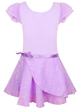 EQSJIU Leotards For Girls, Big Kid Ballet Purple Size 6-7 Years Old 5-6x Sequins Ruffle Sleeve Skirted Leotards For Dance