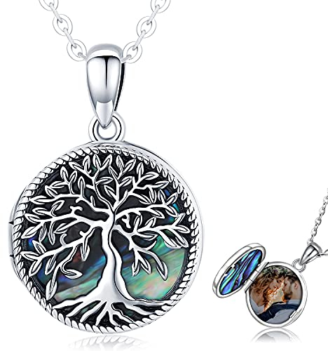 Baum des Lebens Halskette, Damen 925 Sterling Silber Foto Bilder Medaillon Anhänger Halskette mit Abalone Muschel, Amulett Schmuck Geschenke für Frauen Mädchen Mama Großmutter (Medaillon Kette-1)