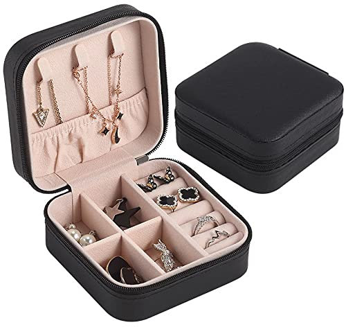 hoinya Jewellery Box for Women, Travel Jewellery Box Organiser Small Portable Jewelry Storage Case for Bracelets, Earrings, Rings Gift, Girls, Women, Mother, Daughter, Black