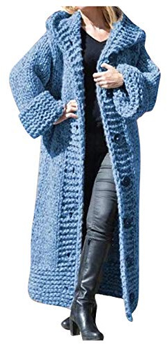 Cappotto lungo da donna a maglia grossa, da donna, taglie grandi, con cappuccio, giacca invernale, oversize, cardigan, cardigan, cardigan, giacca invernale, Blu, L
