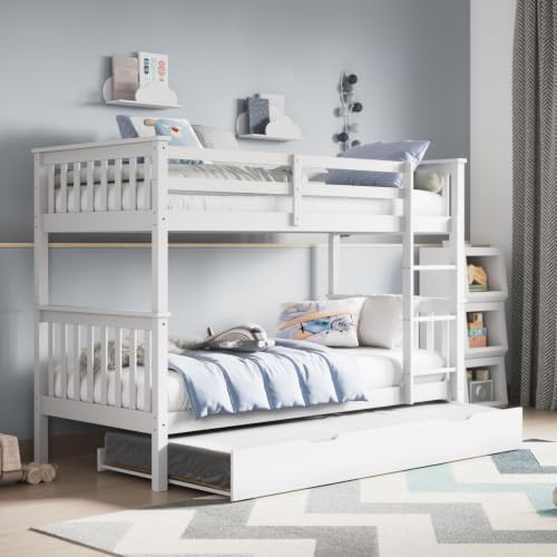 Flair Furnishings Triple Bunk Beds for Kids, Trundle Bed, Heavy Duty and Sturdy, Detachable, Cosy, Stylish, Space Saving Design (White)