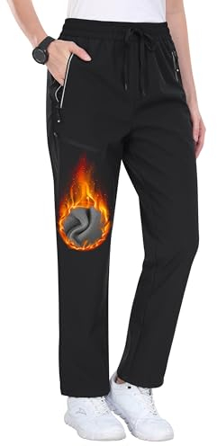 MoFiz Damen Wanderhose Wasserdicht Outdoor Hosen Fleece-Futter Trekkinghose Winter Warm Skihose Trekkinghose mit Reißverschlusstasche Schwarz XL
