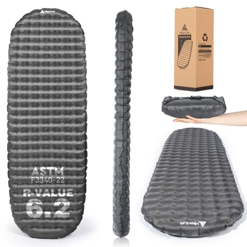 HIKENTURE Sleeping Pad, 6.2 R-Value Inflatable Camping Mat with Pump Sack | Ultralight Insulated Inflatable Sleeping Mat with Pump Sack for Backpacking, Hiking, Tent Camping, Travel, Grey, 198 x 64 cm