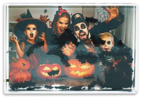 Halloween Glitter Photo Frame, Acrylic Picture Frame holds 10 x 15 cm (4 x 6 inch) Clear Frameless Desktop Photo Block with Bat (Black) - Ideal Personalised Gifts or Halloween Decorations