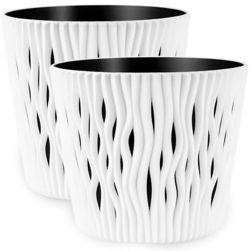 PECZEKO Macetas mate – Macetas decorativas para flores y hierbas, duraderas y ligeras, redondas, de plástico, para salón y comedor, cocina, terraza, balcón, juego de 2 unidades (blanco, diámetro 22
