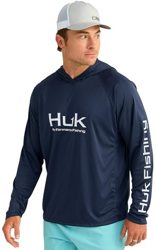 HUK Mens Pursuit Vented Long Sleeve Hoodie, Fishing Shirt with Hood, Naval Academy, Large