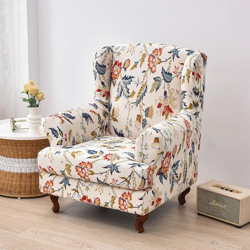 Highdi Funda de Sillón Orejas Elástica Estampado Floral para Strandmon, Funda Sillón Relax de Spandex 1 Plaza con Funda de Cojín, Fundas de Butaca para Dormitorio, Recepción, Club (Beige)