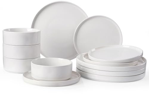 Richmount Nebula Dinner Set for 4, 12-Piece Speckled Dinnerware Stoneware Set, Scratch Resistant, Dishwasher & Microwave Safe, Dining Plates and Bowls Sets, White with Speckled