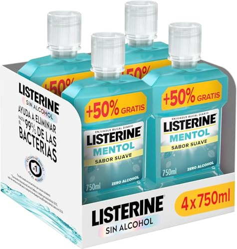 Listerine Mentol Sabor Suave (4x750 ml), enjuague bucal con flúor, colutorio encías con 24 h de protección y 0% alcohol, enjuague bucal sin alcohol para un aliento fresco