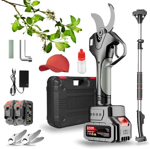 Cordless Pruning Shears Electric Pruning Shears for Branches, Battery Operated Secateurs with 2 Battery, Extension Pole, Cutting Diameter 50mm, Tree Scissors Pruners for Gardening