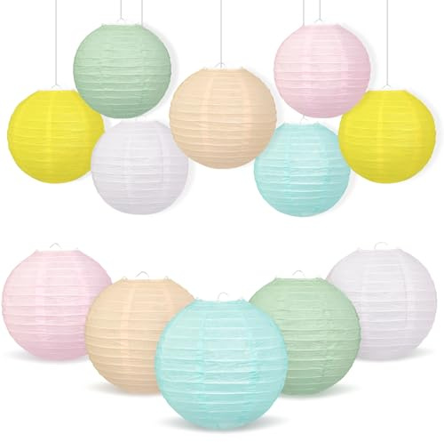 Pastel Paper Lanterns 12 Pcs - 12 Round Hanging Paper Lanterns for Pastel Classroom Decor, Office Party, Spring Wedding, Baby Shower, Birthday, Bridal Shower & Easter Hanging Decor