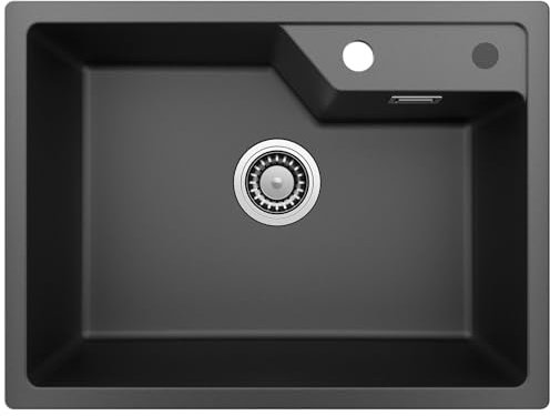 Sofetiy Evier Cuisine 1 Bac 60 x 45 cm, Evier Noir en Granit, Lavabo Cuisine pour Meubles Bas de 60 cm, Évier Cuisine avec Siphon Classique et Trop-plein