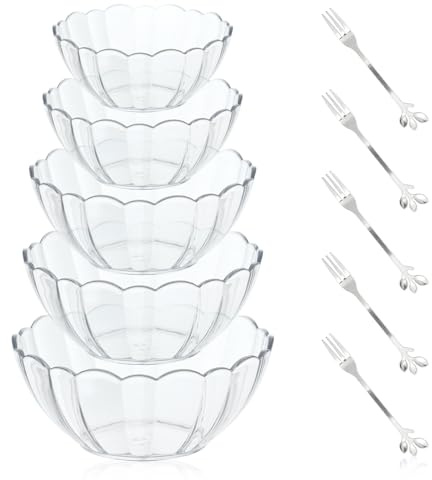 SICANAUO 5 pezzi trasparente ciotola di insalata di plastica, riutilizzabili miscelare ciotole da servire con forchette di 5 pezzi, ciotola dessert di frutta, impilabile snack chip(5 dimensioni)