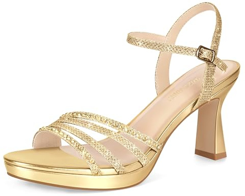 PIZZ ANNU Lena Sandali Platform Donna Estive Eleganti Glitter Strass Punta Aperta Sandalo con Tacco Plateau Scarpe per Cerimonia Sposa con Cinturino alla Caviglia Oro EU 42