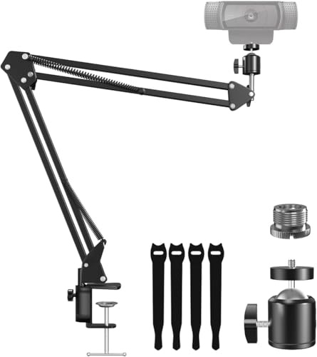 Etour Support de webcam avec bras perche pour webcam Logitech BRIO 4K C920 C920S C922 C922x C925e C930 NexiGo N60, 1/4-3/8 et vis 3/8-5/8 pour Blue Yeti Snow. balle nano et autres Micros