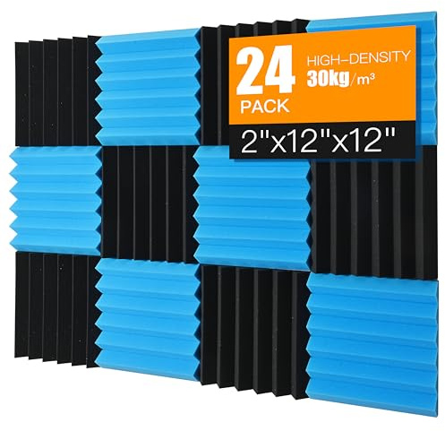 Saiqiang 24 pannelli fonoassorbenti in schiuma acustica, pannelli acustici, 5 x 30 x 30 cm, assorbitori acustici, in schiuma fonoassorbente, per studio, colore nero e blu