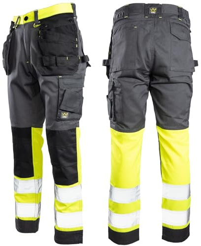 Seven Kings Arbeitshose Herren mit Reflektorstreifen für mehr Sicherheit – mit Holstertaschen und Taschen für Werkzeug, Handy und Dokumente – Warnschutzhose in Stahlgelb – mit elastischem Bund