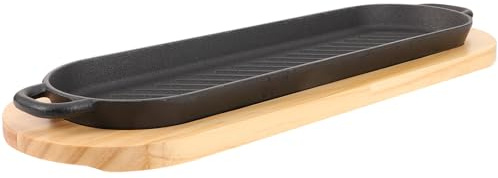 ZUNOXAZ Sartén de Hierro Fundido para Bistec con Base de Madera Placa Parrilla Antiadherente para Asar Carne Bandeja para Servir Distribución Uniforme de Calor para Hogar y Reuniones