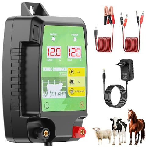12KM Valla Eléctrica para Ganado y Animales, Electrificador de Cerca con Salida de 12kV 3.0J y Pantalla LCD, Protección para Caballos, Ovejas, Perros, Jardines, Pastos y Granjas ( Negro y verde)