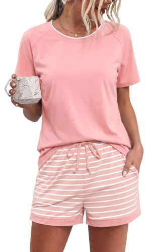 Litherday Pijama Mujer Verano de Algodón Pijama Corto Mujer Suave y Transpirable con Camiseta Manga Corta y Shorts a Rayas Conjunto Pijama Mujer Cómodo para Dormir y Casa Rosa M