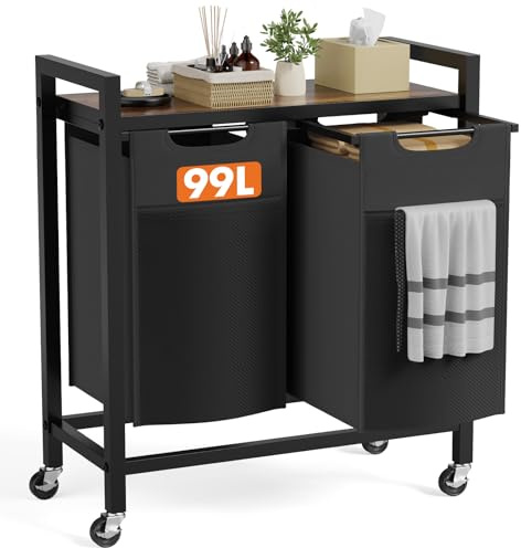 DUMOS Laundry Hamper with 2 Pull-Out Removable Sorter Bags, Movable Wheels, Freestanding Clothes Basket Organizer in Bathroom, 2 × 13.1Gal (99L) Capacity, Rustic Brown and Black