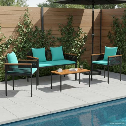 IBUQDDV Outdoor Furniture Set 4 pcs Black and Turquoise PE Rattan Wicker with Cushions for Garden Terrace, Modern Rustic Style Durable All-Weather Seating Group