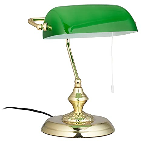 Relaxdays Bankerlampe mit Zugschalter, grüner Schirm, runder Sockel, Vintage Design, Glas, HBT: 31x22,5x18,5cm, Messing, Grün