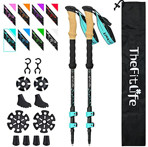 TheFitLife Carbon Fiber Trekking Poles – Collapsible and Telescopic Walking Sticks with Natural Cork Handle and Extended EVA Grips, Ultralight Nordic Hiking Poles for Backpacking Camping (Turquoise)