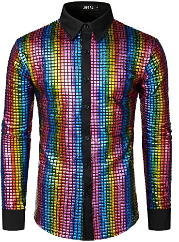 JOGAL Men's Dress Shirt Sequins Button Down Long Sleeve Shirts 70s Disco Party Costume Medium Multicolor