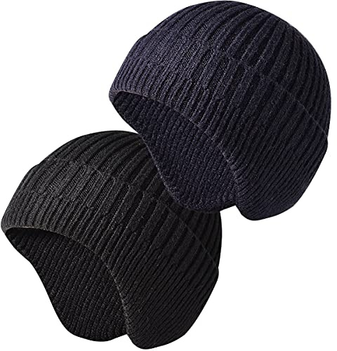 JFAN Cappello Lavorato A Maglia da Uomo Donna Autunno Inverno Tinta Unita Proteggi Le Orecchie Cappello da Sci Moda Caldo Cappello in Pelle di Melone Nero+Marine Taglia Unica