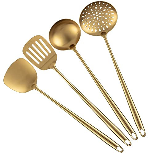 Köksredskapsset i guld – 43 cm extra långt handtag kinesisk wokredskap med skimmer sked, slitsad spatel, wokspatel, slev – professionella metallmatlagningsverktyg för non-stick köksredskap