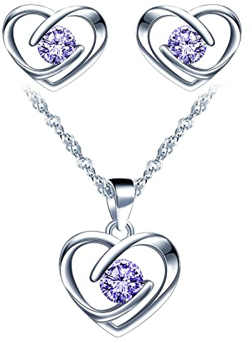Yumilok-Collar de mujer pendientes de Plata de ley Pendientes de plata esterlina Corazón calado y engaste de circonita Conjunto de combinación de colgante Moderno y hermoso(Morado claro)