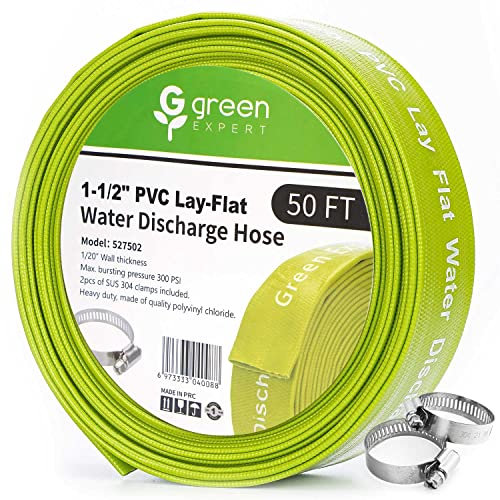 Green Expert 1-1/2 ID PVC Lay-flat Discharge Hose Heavy Duty for Pump Draining Pool Filter Backwash Garden Pond Flooded House Water Disposal, 50 Feet Length with Steel Clamp Kit