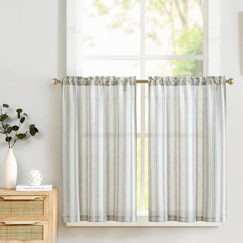 TOPICK Rideau Cuisine Brise Bise Court de Placard Chambre à Rayures Bleu sur Beige en Effet Lin Translucide 65 x 60 cm(L x H), Rideaux Cuisine à Passe Tringle pour Fenetre Porte Placard Evier 2 PCs
