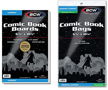 BCW Resealable Current Comic Book Combo Pack | 100 Pack for Acid-Free Backing Boards & Resealable Bags | Comic Book Storage & Protection | Fits Current Comics | Archival Quality | Standard 6.88x10.5