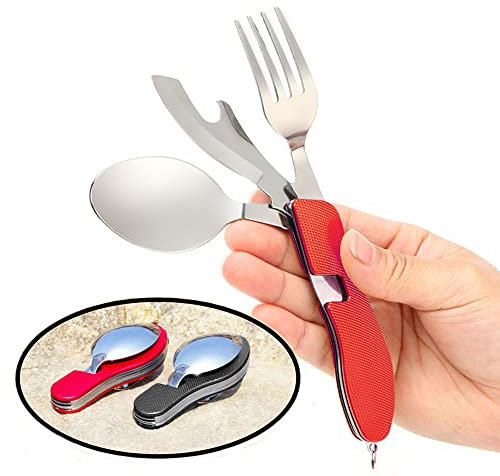Senvenelec 2Pcs 4 in 1 Camping Besteck Set Campingausrüstung Edelstahl/Gabel/Löffel/Messer/öffner Set Camping Besteck Set/Reise/Survival - faltbar abnehmbar - Rot、Schwarz.