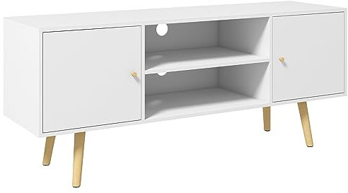 HOMCOM TV Stand Cabinet up to 55 Inches, TV Unit with Storage Shelves and Wood Legs for Living Room, Bedroom, White