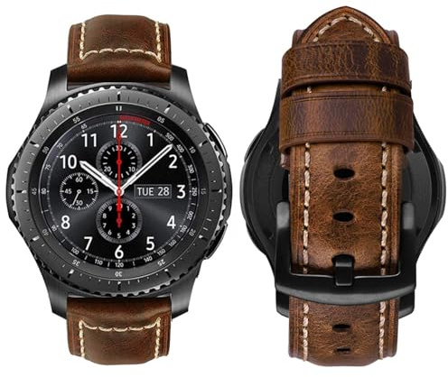 MroTech Bracelet Compatible avec Samsung Galaxy Watch 46mm/Gear S3 Frontier/Classic/Galaxy Watch 3 45mm Bracelet 22mm Bande en Cuir véritable de Remplacement Montre Sangle-Texture Brun jaunâtre